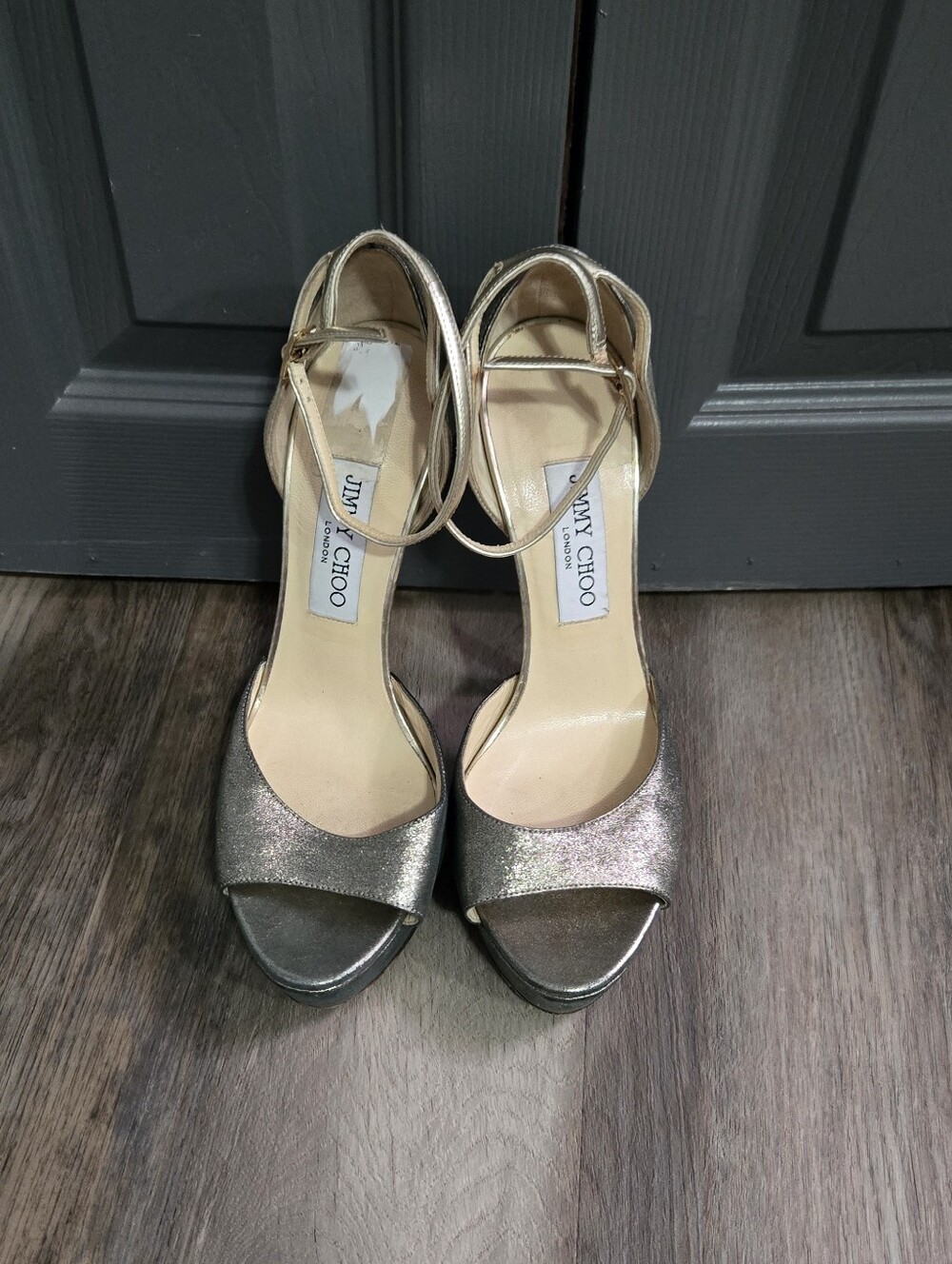 Jimmy Choo Metallic Silver Platform Ankle Strap Heels Pumps Size 38 Italy